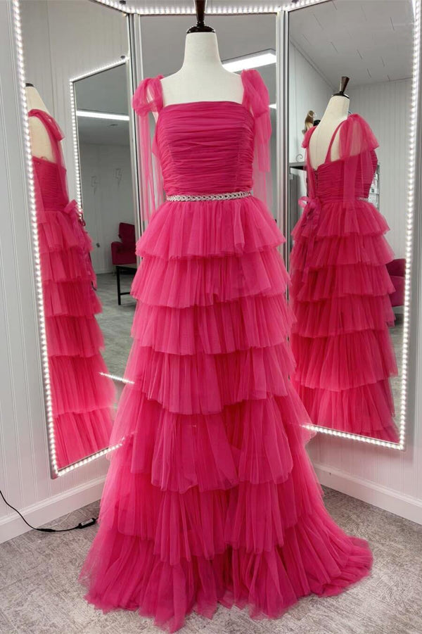 Fuchsia Tulle Tiered Ruffles Party Dress with Tie Shoulders