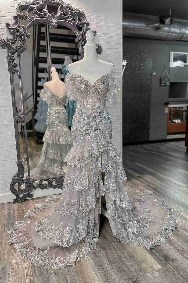 Off the Shoulder Red Sequin Tiered Mermaid Long Prom Dress,SSR1169