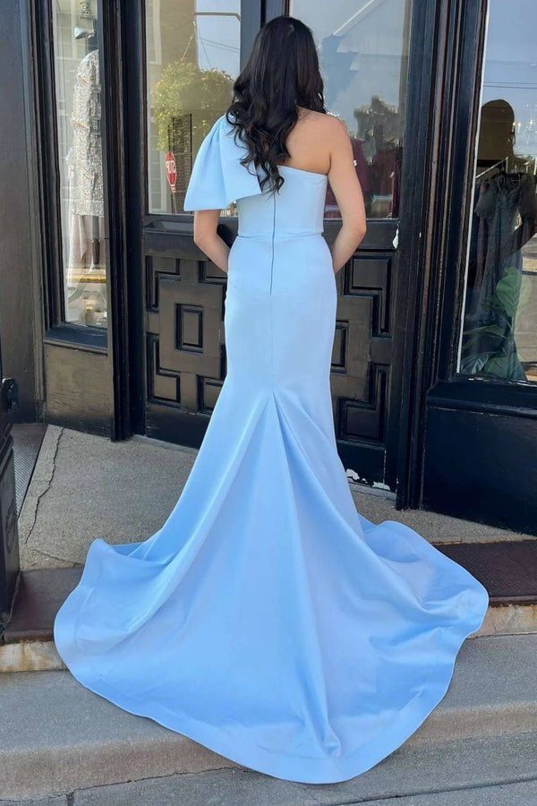 One Shoulder Lignt Blue Satin Mermaid Prom Dress，SSR1214