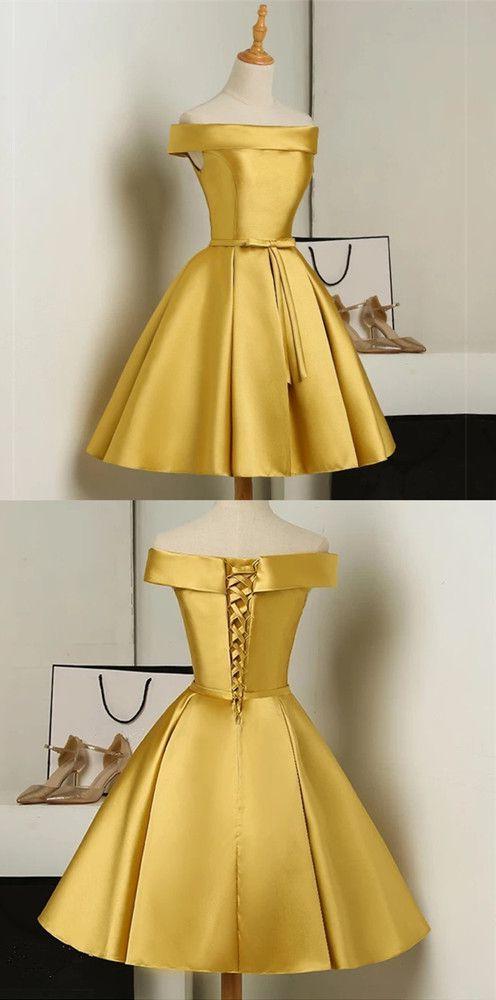 SSR0075,Gold homecoming dresses,off the shoulder short prom dress,gold bridesmaid dress,a line prom dress mini