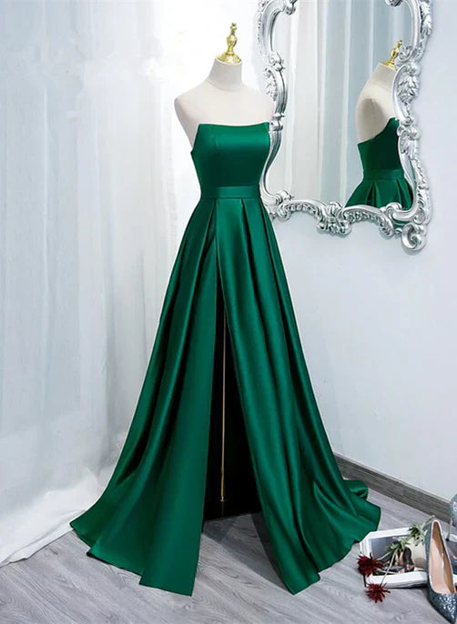 Green Satin Simple Long Party Dress with Leg Slit A-Line Junior Prom Dress Evening Dress