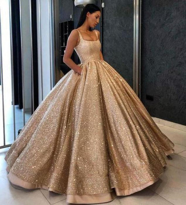 SSR0191,Sweet 16 Dress Ball Gown Prom Dress with Pockets Beads Sequins Floor-Length Gold Quinceanera Dresses