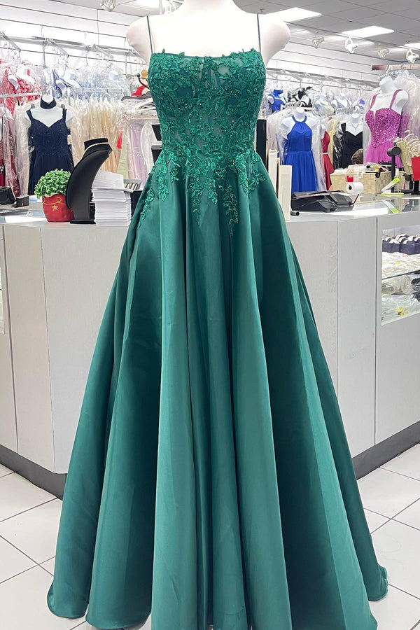 Starps Green Satin A-line Long Prom Dress