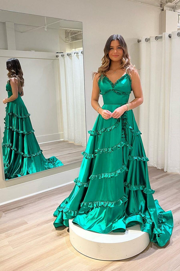 Straps Green Ruffles V neck Long Prom Dress