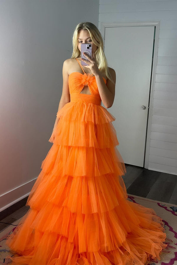 Orange Halter Tulle Tiered A-line Long Party Dress