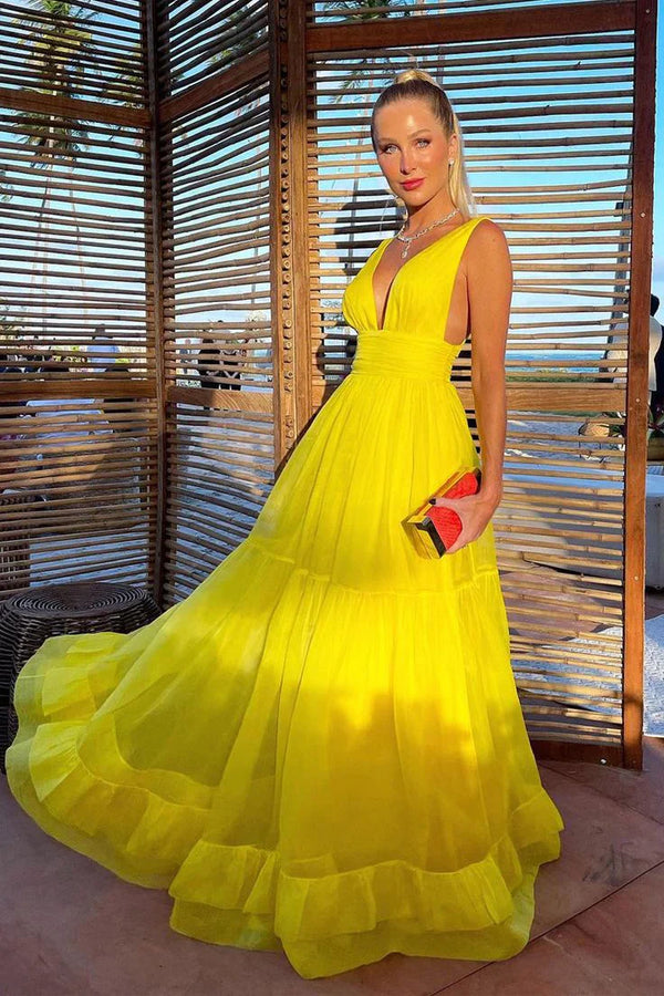 Yellow V Neck A-Line Long Formal Party Dress Chiffon Guest Dress Sexy Evening Dress