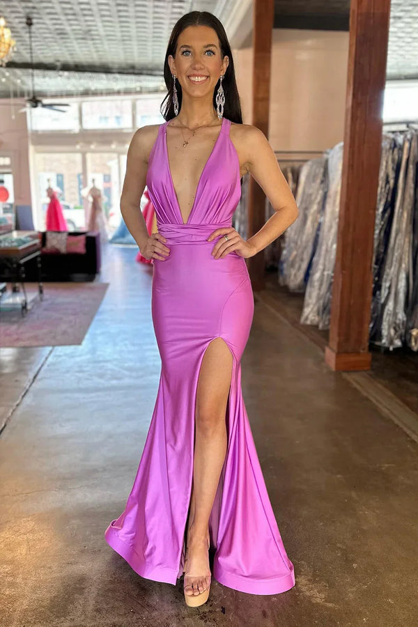 Mermaid V-Neck Floor-Length Prom Dress With Slit Formal Dress Sexy Evening Party Dress