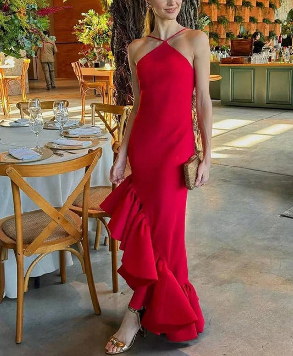 Sexy Red Halter Backless Ruffles Evening Party Dress Simple Elegant Formal Dress