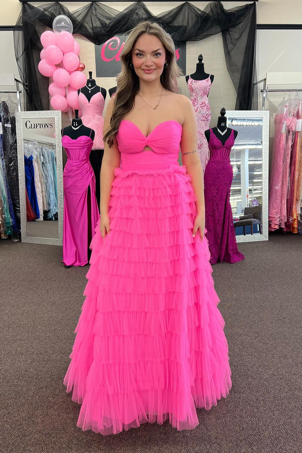 Knotted Hot Pink Tulle Tiered A-line Long Dress