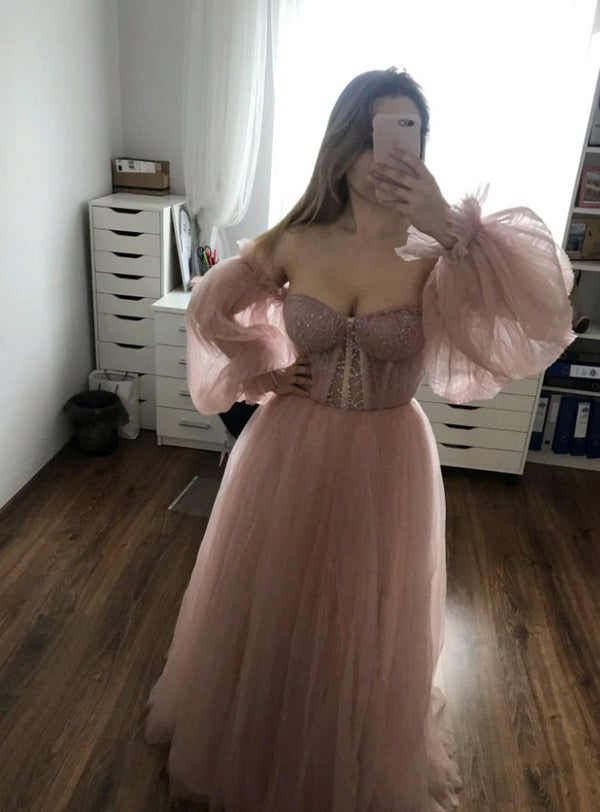 SSR0409,Dusty pink off the shoulder bubble sleeves prom dress