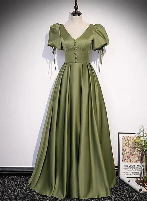 Green Satin A-line Puffy Sleeves A-line Prom Dress V-neck Simple Long Formal Party Gown Elegant Evening Dress