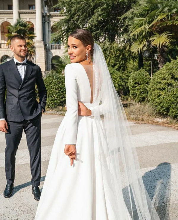 Elegant Ivory Long Sleeves A-Line White Wedding Dresses High Quality Satin Bridal Gown With Sweep Train