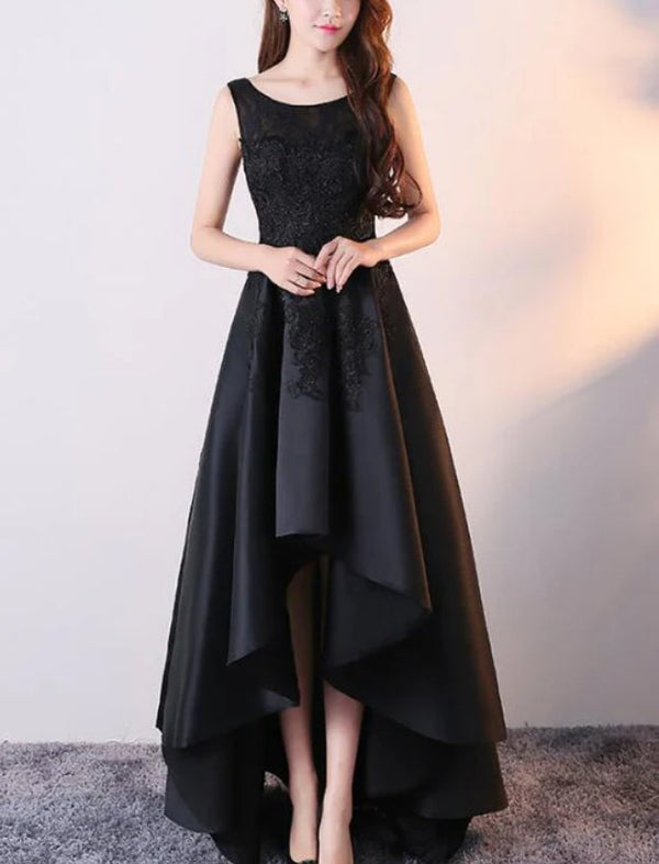 Black Satin with Lace High Low Prom Dress Fashionable Homecoming Dress Elegant Evening Dress