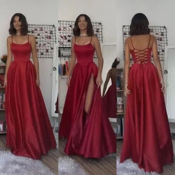 Long Prom Dress Red Evening Dress For Girls Simple Party Dress With Slit