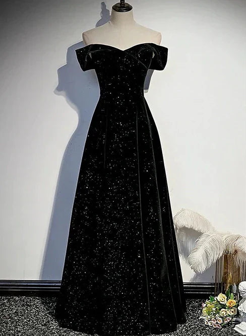 Black Velvet Off Shoulder Long Party Dress Simple Prom Dress Elegant Evening Dress