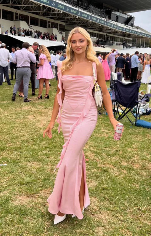 Pink Straps Backless Mermaid Elegant Party Dress with Back Slit Evening Dress