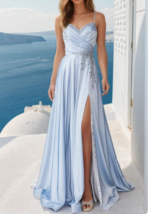 Lace-Up-Back Long A-Line Prom Dress With Slit V-neck Evening Dress