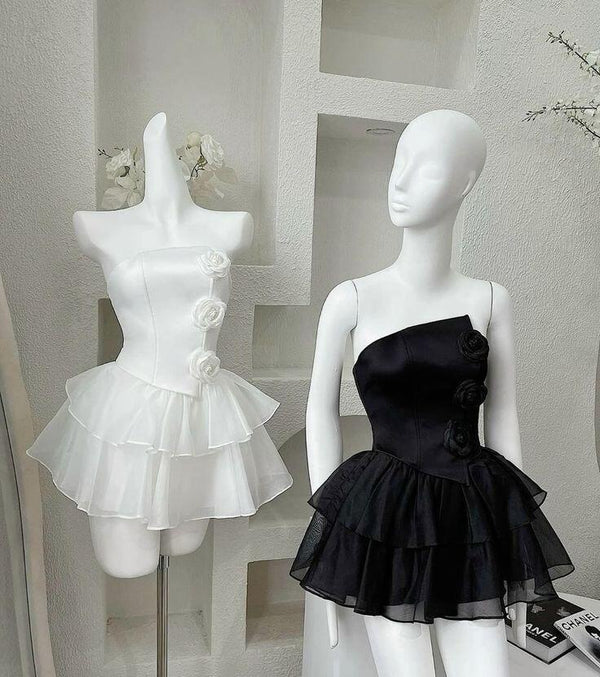 White Straps A-Line Beading Mini Party Dress Homecoming Dress With Flowers
