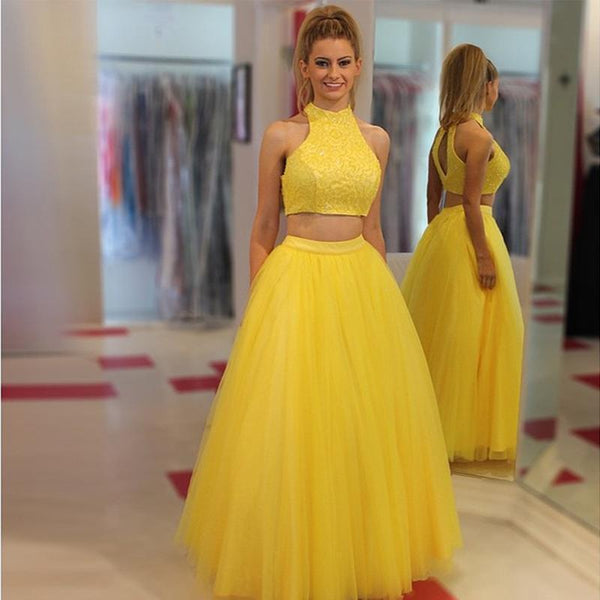 SSR0262,Yellow Two Pieces Beaded Tulle A-Line Prom Dress Evening Dresses