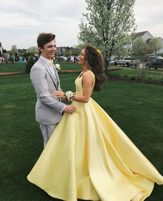 Yellow Satin V Neck A-Line Long Prom Dress Formal Party Dress Elegant Evening Dress