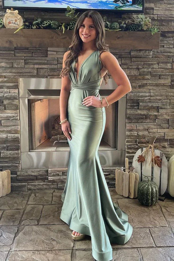 Sage Green Elegant V Neck Mermaid Backless Evening Dress Long Prom Dress Party Dress