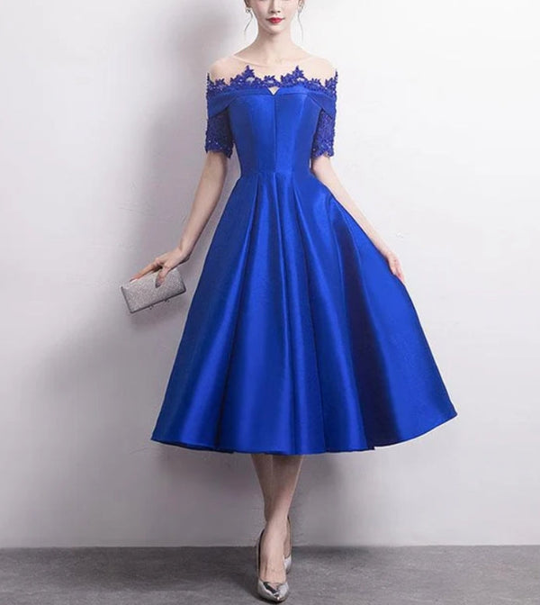 Charming Lace and Satin New Tea Length Bridesmaid Dress Short Sleeves Elegant Cocktail Dress Evening Dress