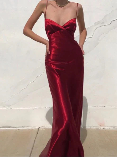 Charming Red Spaghetti Straps Backless Long Party Dress Sexy Evening Dress