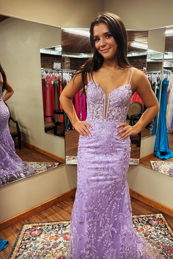 Straps Lavender Lace Appliques Mermaid Long Formal Dress