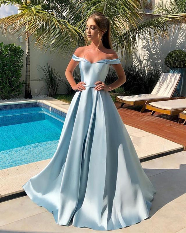 SSR0384,Off the shoulder a-line prom dresses satin light blue evening gown