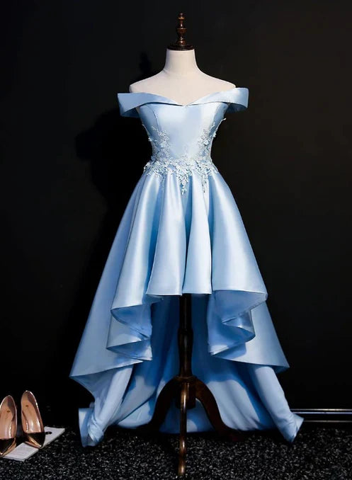 Light Blue Satin with Lace Applique High Low Homecoming Dress Short Off Shoulder Formal Dress Cocktail Dress