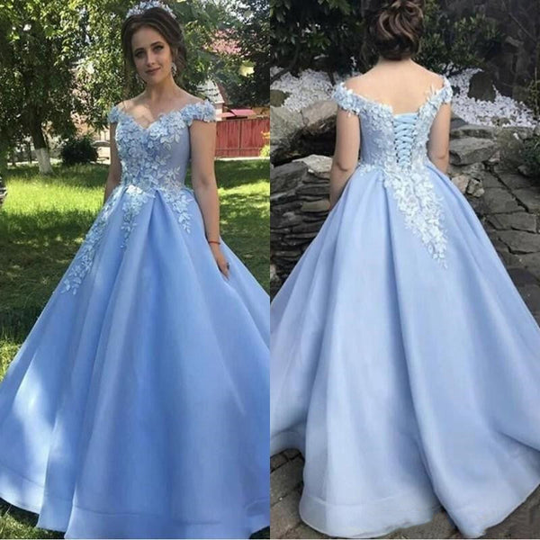 SSR1058,Light blue off the shoulder applique prom dresses,a-line evening long dress