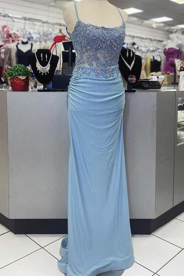Beaded Light Blue Sheath Long Formal Dress
