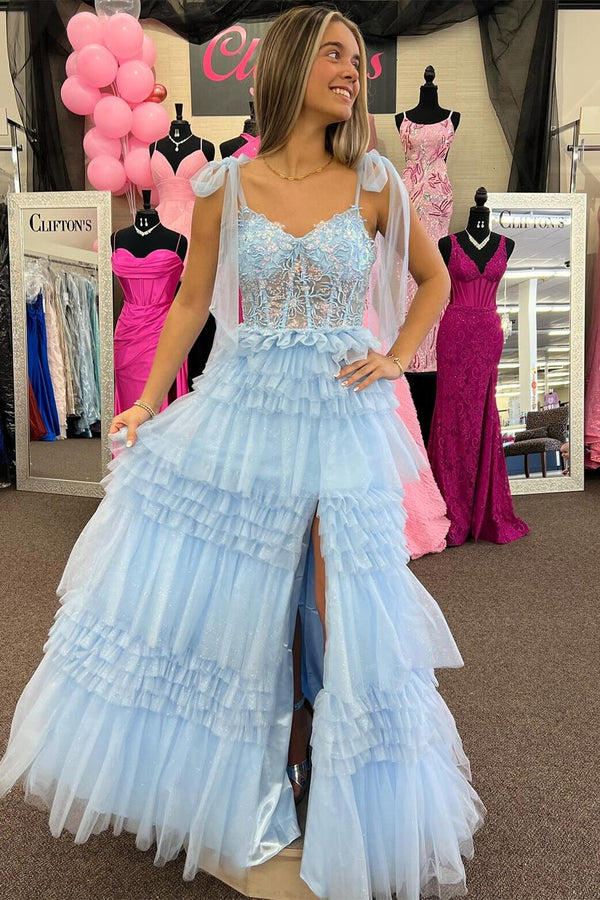 Light Blue Corset Tulle Tiered Ruffles A-line Long Prom Dress