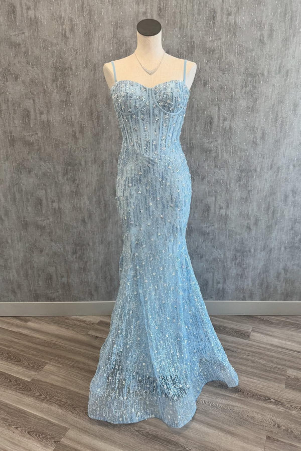 Straps Corset Light Blue Beaded Long Formal Dress