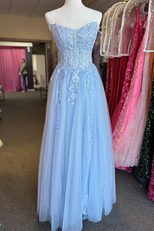 Strapless Light Blue Appliques A-line Long Dress