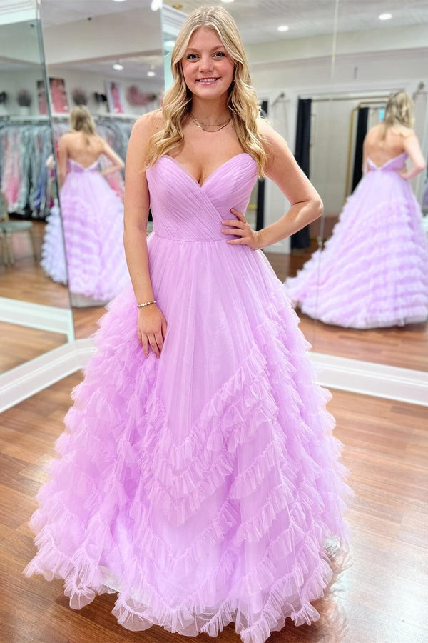 Pleated Sweetheart Lilac Tulle Ruffles Long Formal Dress