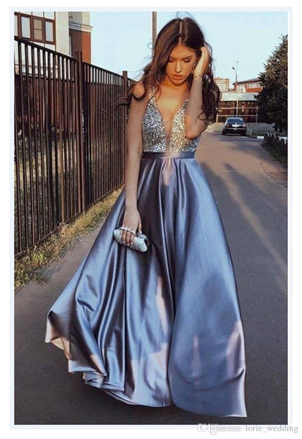 SSR0519,Luxury a-line beaded prom dress v-neck satin long evening dresses