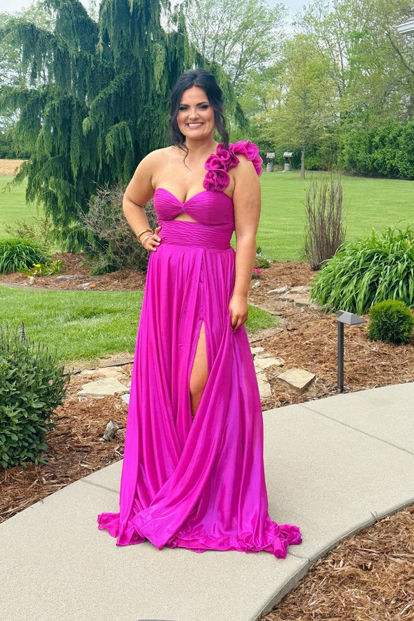 One Shoulder Fuchsia Keyhole A-line Long Prom Dress