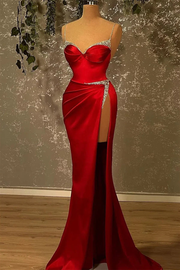 Mermaid Spaghetti Strap Sweetheart Floor Length Sleeveless Sequined High Split Prom Dress Sexy Evening Dress