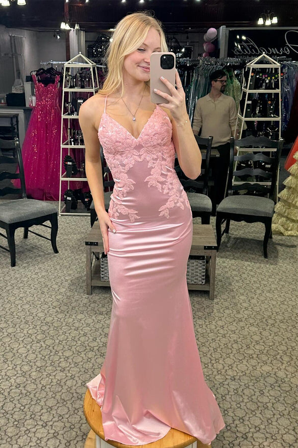 Straps Pink Appliques Mermaid Formal Dress
