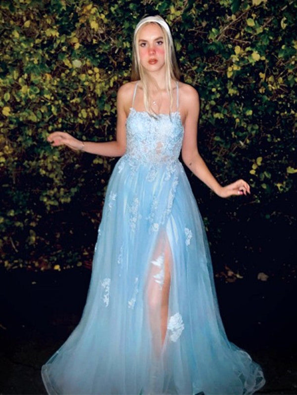 SSR0696,Sky blue lace prom dress spaghetti straps tulle prom dresses cross back long evening dress