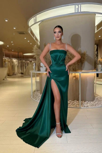 Modern Spaghetti Straps Sleeveless Long Prom Dress Sequined Formal Dress Sexy Evening Dress With Slit