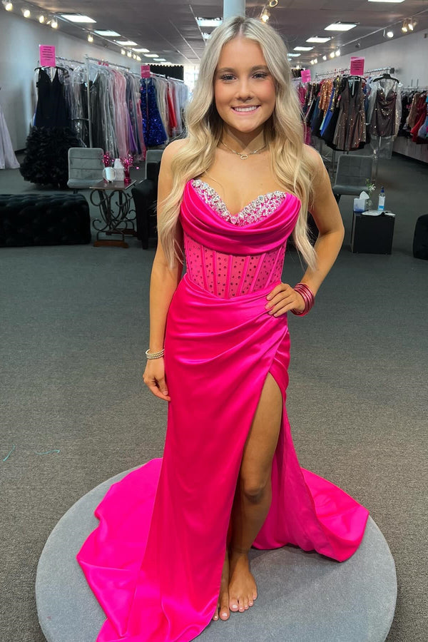 Beaded Hot Pink Corset Mermaid Long Formal Dress