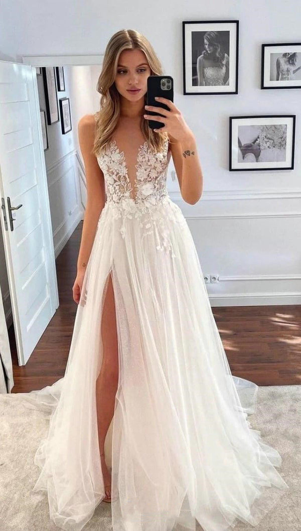 SSR1121,Sexy V-Neck Lace Tulle Wedding Dresses,White Bridal Wedding Gown