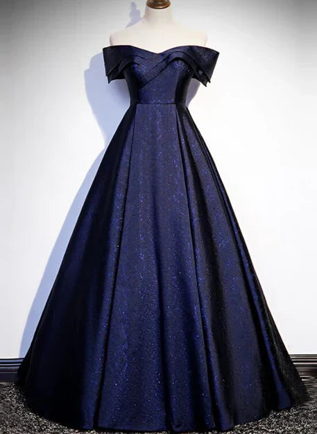 Navy Blue Satin Off Shoulder Long Prom Dress A-line Formal Dress Evening Dress Elegant