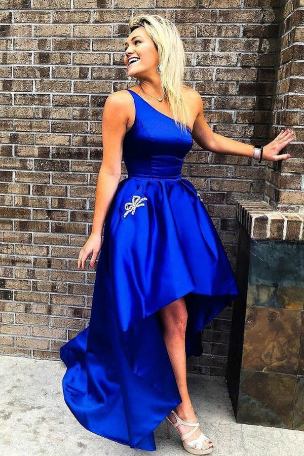SSR0374,Royal blue high low satin prom dress with pockets