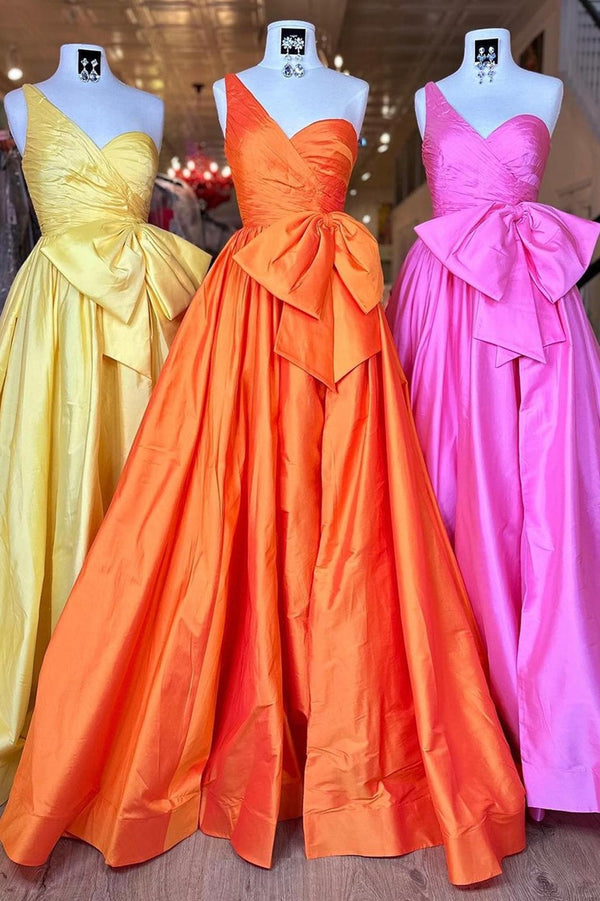 One Shoulder Red A-line Long Prom Dress with A Bow