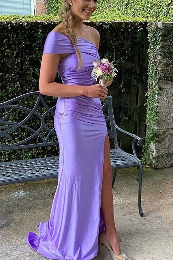 One Shoulder Purple Ruched Fitted Long Party Dress