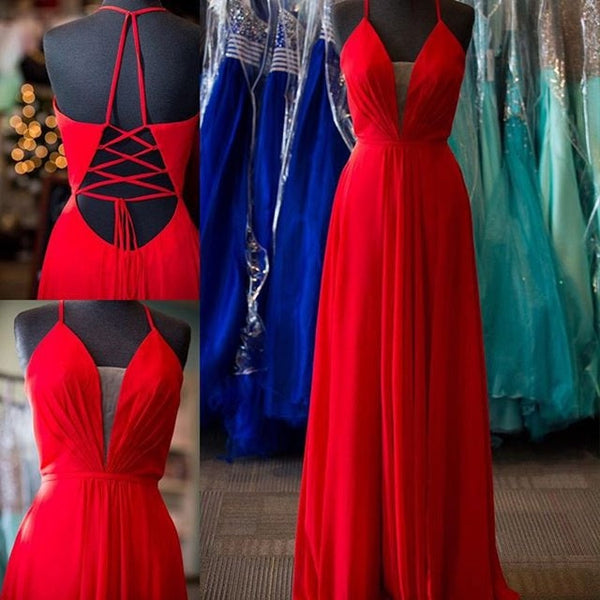 SSR0341,Red halter prom dresses v neck sheath long prom dress long evening dresses