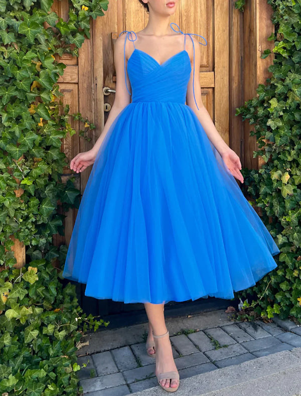 SSR1269,Princess Blue Pleated A-Line Tulle Prom Evening Dresses, Tea Length Homecoming Graduation Dress